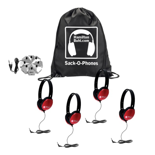 HamiltonBuhl Sack-O-Phones, 4 Red Primo Headphones and 3.5mm Jackbox