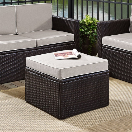 Pemberly Row Wicker Patio Ottoman with Gray Cushions