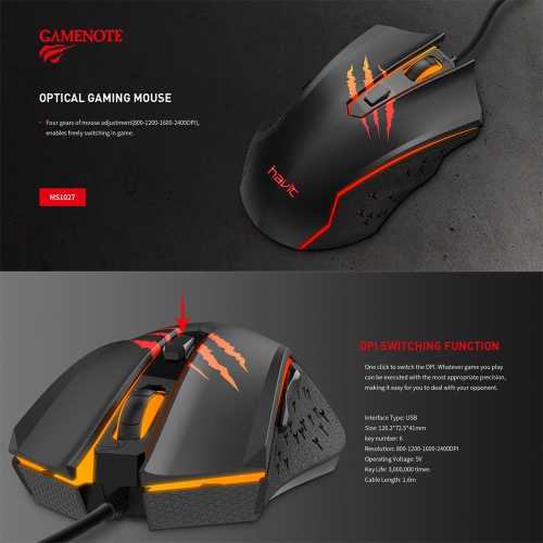 Havit USB2.0 wired 2400DPI with cool breathing Rainbow LED light design 6 buttons gaming mouse
