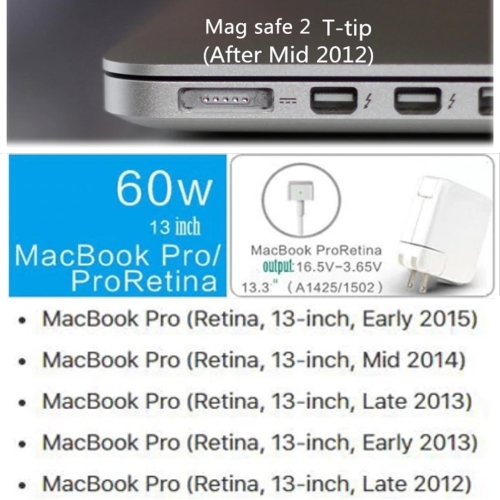 【CSmart】 60W Magsafe 2 Power Adapter Fast Charger T-Tip Magnetic Connector Cable for MacBook Air 11" Pro 13" 2012 to 2015, A1435