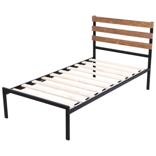 COSTWAY  Twin Size Metal Platform Bed Frame Mattress Foundation Wooden Headboard