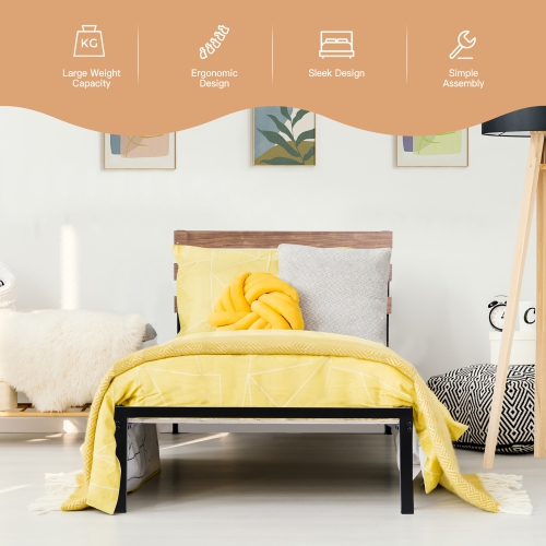 Costway Twin Size Metal Platform Bed Frame Mattress Foundation wooden Headboard