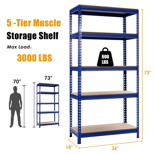 Gymax 73'' Metal 5-Tier Garage Storage Rack Shelf Freestanding w/ Adjustable Unit Blue