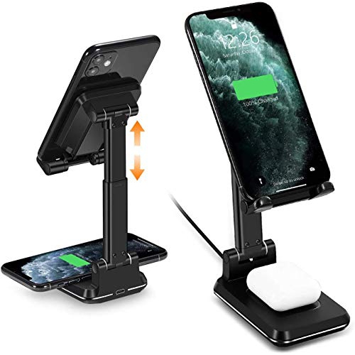 Raxxio 2 in 1 Adjustable Wireless Charger, 10W Qi Dual Charging Stand,iPhone 14/14Plus/13/12/11 Pro/XS/XR, AirPods, Samsung Galaxy S23/S22/S21/S20