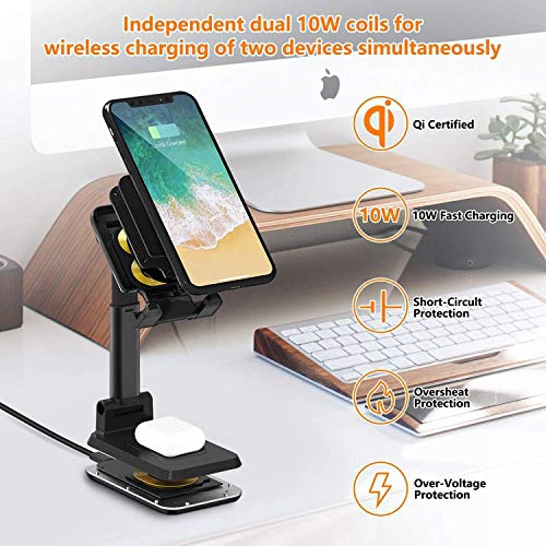 Raxxio 2 in 1 Adjustable Wireless Charger, 10W Qi Dual Charging Stand,iPhone 14/14Plus/13/12/11 Pro/XS/XR, AirPods, Samsung Galaxy S23/S22/S21/S20