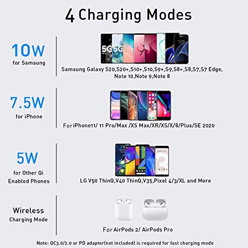 Raxxio 2 in 1 Adjustable Wireless Charger, 10W Qi Dual Charging Stand,iPhone 14/14Plus/13/12/11 Pro/XS/XR, AirPods, Samsung Galaxy S23/S22/S21/S20