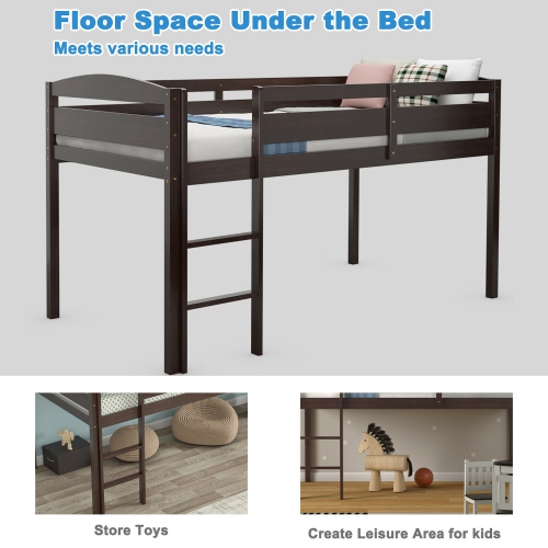 Costway Twin Low Loft Bunk Junior Bed Bedroom Wooden Guard Rail Ladder