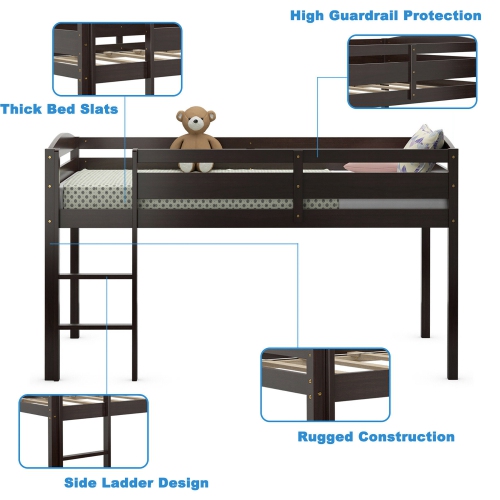 Costway Twin Low Loft Bunk Junior Bed Bedroom Wooden Guard Rail Ladder