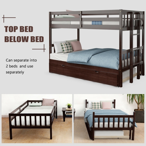 Costway Twin Over Twin Pull-Out Bunk Bed with Trundle Wooden Ladder