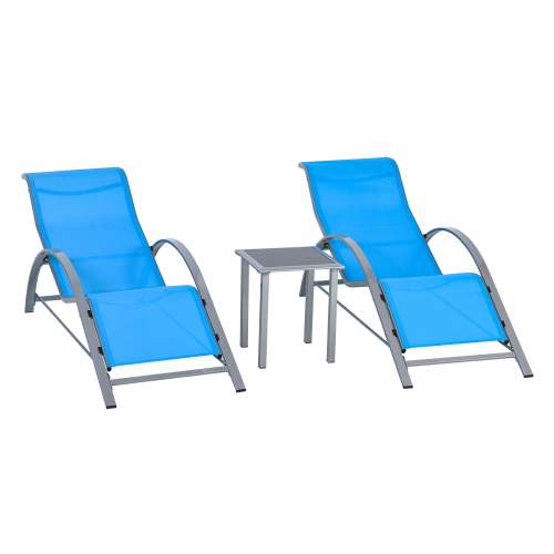 Outsunny 3 Pieces Patio Pool Lounge Chairs Set, Outdoor Chaise lounge with 2 S-Shaped Sunbathing Chairs and a Glass Top Table, for Yard Garden, Blue