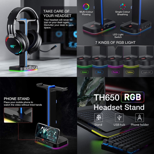 Havit RGB lighting Dual Balance Headphone Stand with 2 USB Ports