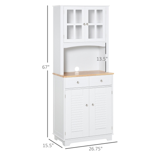HOMCOM 67" Traditional Freestanding Kitchen Pantry Cabinet with Microwave Stand, Glass Door and Adjustable Shelf, Kitchen Buffet Cabinet with Hutch,