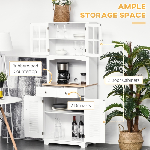 HOMCOM 67" Traditional Freestanding Kitchen Pantry Cabinet with Microwave Stand, Glass Door and Adjustable Shelf, Kitchen Buffet Cabinet with Hutch,