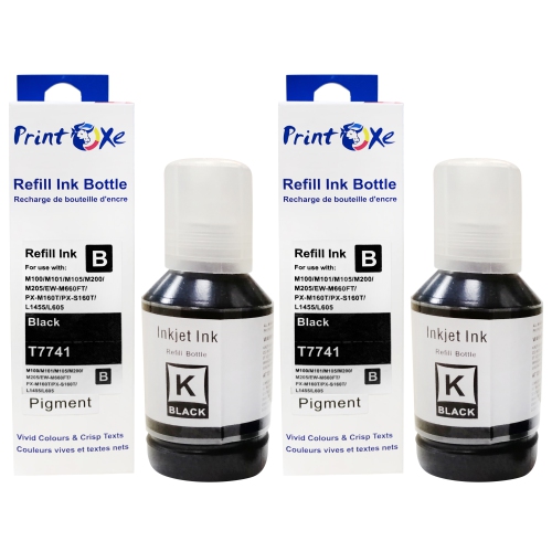PRINTOXE® T7741 Compatible Refill 2 Black Pigment Ink Bottles for T774 T664 High Yield for Expression & WorkForce ET Series