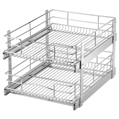 Two-Tier Slide Out Cabinet Organizer - Pull Out Under Cabinet Sliding Shelf, Chrome