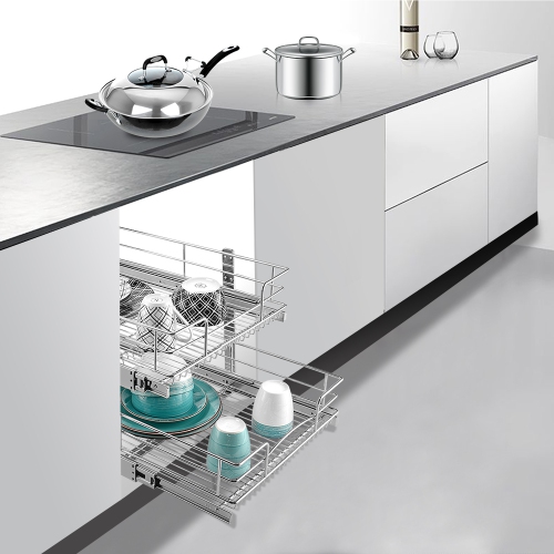 Two-Tier Slide Out Cabinet Organizer - Pull Out Under Cabinet Sliding Shelf, Chrome