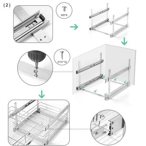 Two-Tier Slide Out Cabinet Organizer - Pull Out Under Cabinet Sliding Shelf, Chrome