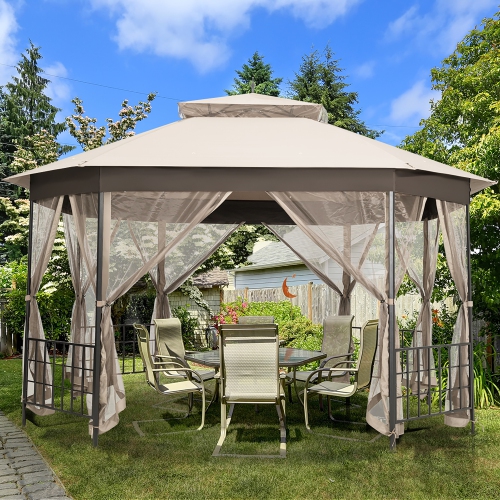 COSTWAY  10'x12' Patio Gazebo Canopy Shelter Double Top Netting Sidewalls Beige