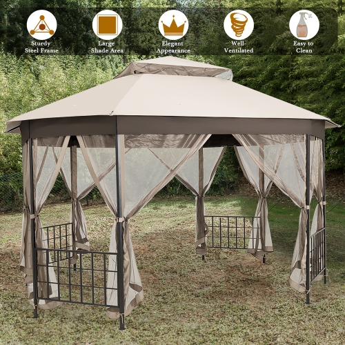Costway 10'x12' Patio Gazebo Canopy Shelter Double Top Netting Sidewalls Beige