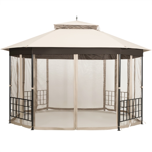 Costway 10'x12' Patio Gazebo Canopy Shelter Double Top Netting Sidewalls Beige
