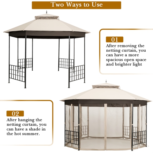 Costway 10'x12' Patio Gazebo Canopy Shelter Double Top Netting Sidewalls Beige