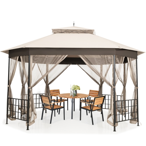 Costway 10'x12' Patio Gazebo Canopy Shelter Double Top Netting Sidewalls Beige