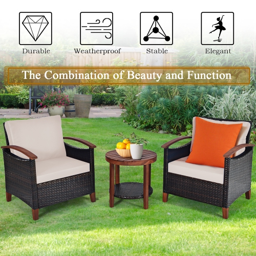 Costway 3PCS Patio Rattan Furniture Set Wooden Frame Cushion Table Shelf Beige
