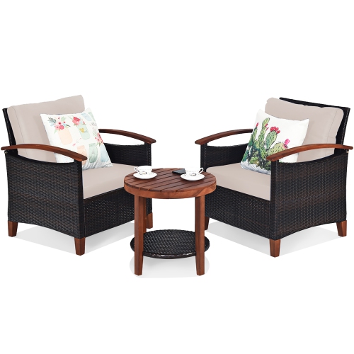 Costway 3PCS Patio Rattan Furniture Set Wooden Frame Cushion Table Shelf Beige