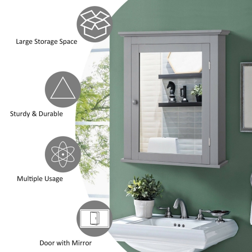 Gymax Bathroom Mirror Cabinet Wall Mounted Adjustable Shelf Medicine Grey