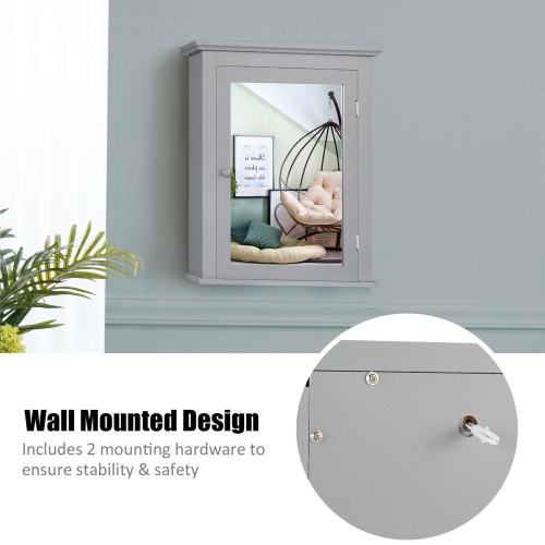 Gymax Bathroom Mirror Cabinet Wall Mounted Adjustable Shelf Medicine Grey