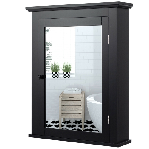 GYMAX  Bathroom Mirror Cabinet Wall Mounted Adjustable Shelf Medicine In Black