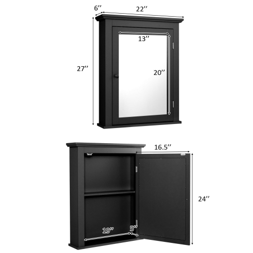 Gymax Bathroom Mirror Cabinet Wall Mounted Adjustable Shelf Medicine Black