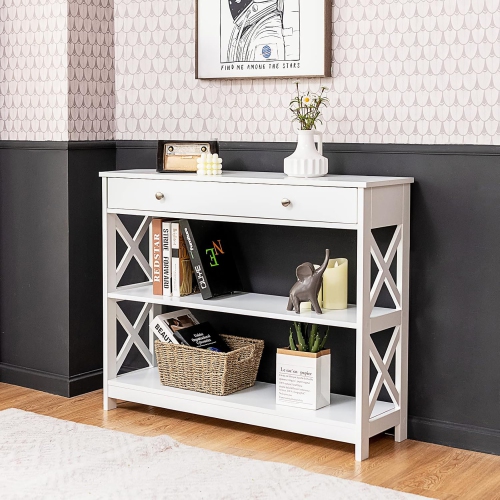 GYMAX  Console Table Drawer Shelves Sofa Accent Table Entryway Hallway Black/white