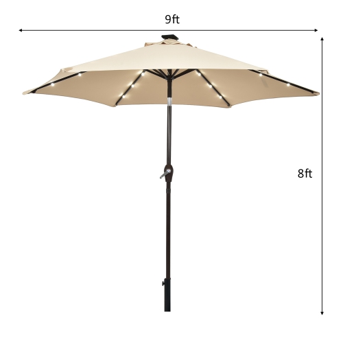 Costway 9' Solar LED Lighted Patio Market Umbrella Tilt Adjustment Crank Lift