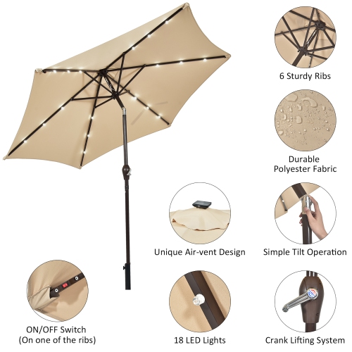 Costway 9' Solar LED Lighted Patio Market Umbrella Tilt Adjustment Crank Lift