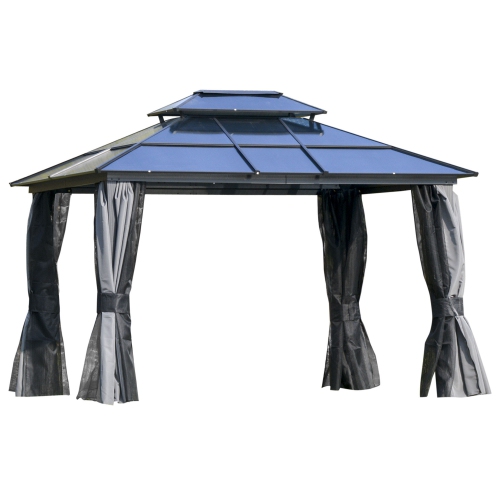 Outsunny 10' x 12' Hardtop Gazebo Canopy with Polycarbonate Double Roof, Aluminum Frame, Permanent Pavilion Outdoor Gazebo with Netting and Curtains