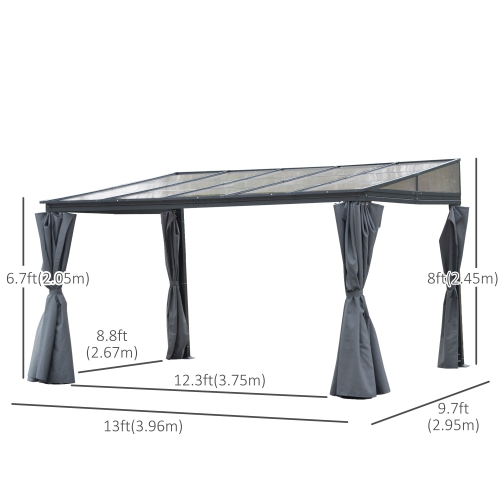 Pergola extérieure en toit rigide de 10 x 13 pi toit PC abri de jardin tente jardin abri de jardin imperméable et protection UV avec rideaux, gris
