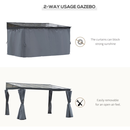 Pergola extérieure en toit rigide de 10 x 13 pi toit PC abri de jardin tente jardin abri de jardin imperméable et protection UV avec rideaux, gris