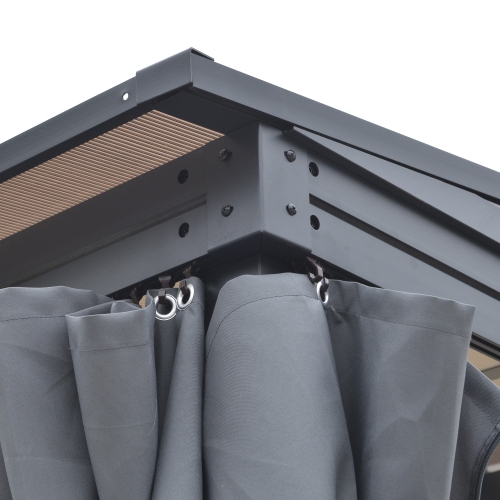 Pergola extérieure en toit rigide de 10 x 13 pi toit PC abri de jardin tente jardin abri de jardin imperméable et protection UV avec rideaux, gris