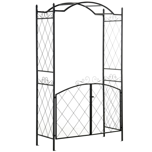 OUTSUNNY  7Ft Metal Garden Arch With Gate Climbing Planter Frame Backyard Decor for Vines Morning Glory In Black