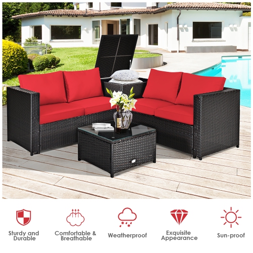 Costway 4PCS Outdoor Patio Rattan Furniture Set Cushioned Loveseat Storage Table