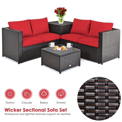 Costway 4PCS Outdoor Patio Rattan Furniture Set Cushioned Loveseat Storage Table