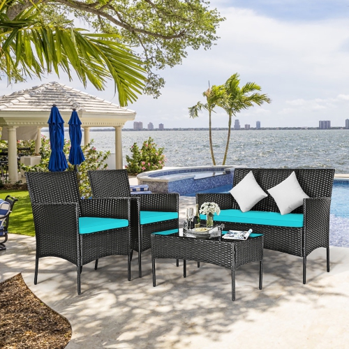 Costway 4PCS Patio Rattan Furniture Set Cushioned Sofa Coffee Table Backyard