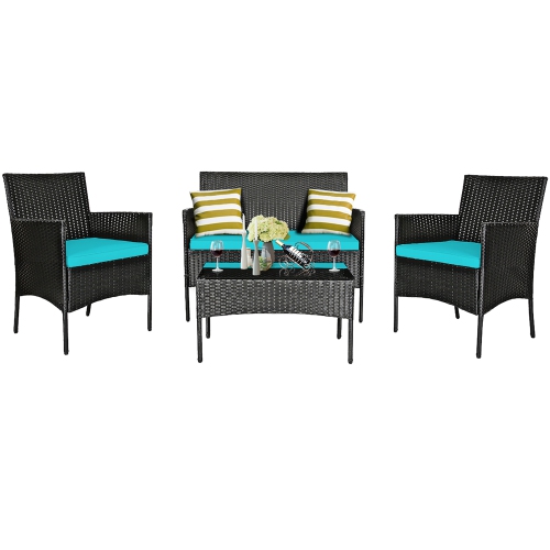 Costway 4PCS Patio Rattan Furniture Set Cushioned Sofa Coffee Table Backyard