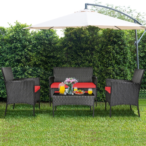 Costway 4PCS Patio Rattan Furniture Set Cushioned Sofa Coffee Table Backyard