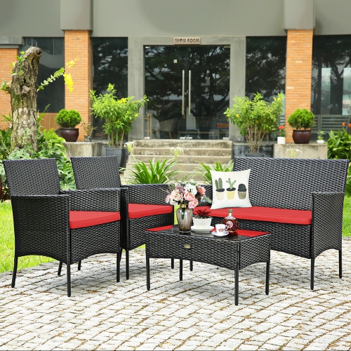 Costway 4PCS Patio Rattan Furniture Set Cushioned Sofa Coffee Table Backyard