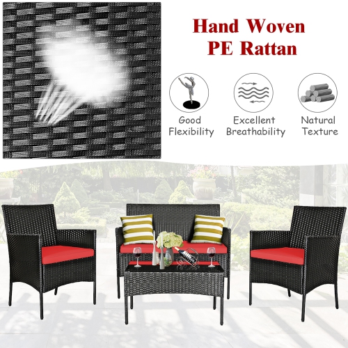 Costway 4PCS Patio Rattan Furniture Set Cushioned Sofa Coffee Table Backyard