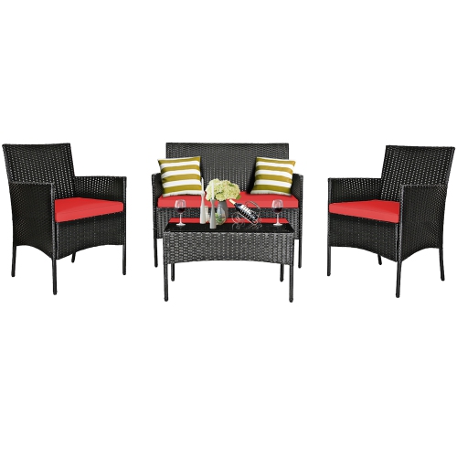Costway 4PCS Patio Rattan Furniture Set Cushioned Sofa Coffee Table Backyard