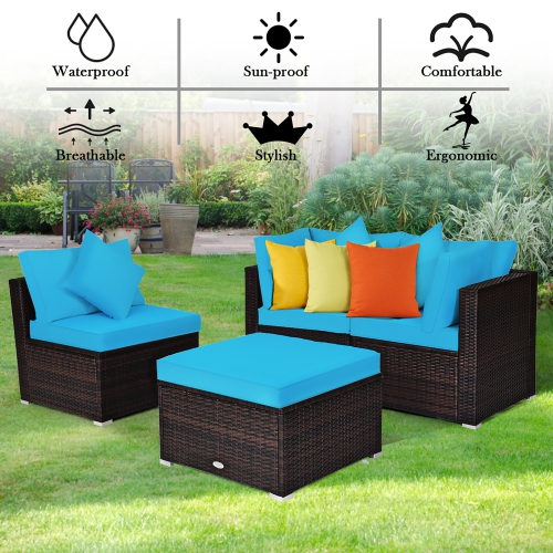 Costway 4PCS Patio Rattan Wicker Furniture Set Cushioned Sofa Ottoman Garden