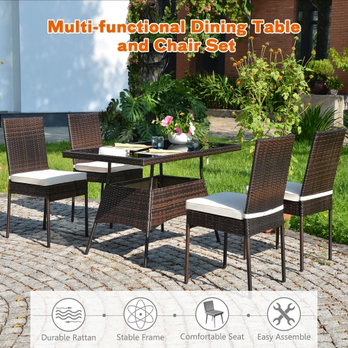 Costway 5 PCS Patio Rattan Dining Set Glass Table High Back Chair Garden Deck Mix Brown